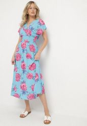 Niebieska Kopertowa Sukienka z Bawełną w Kwiaty Tdivana. Niebieskie sukienki damskie Born2be, na imprezę, na lato, l, bez wzorów, z bawełny, eleganckie, bez kołnierzyka, bez ramiączek, midi, kopertowe. W wyprzedaży za 63.99 zł.