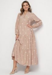 Beżowa Sukienka z Wiskozy o Rozkloszowanym Kroju z Ozdobnym Haftem Nalariel. Brązowe sukienki damskie Born2be, l, z aplikacjami, z jeansu, eleganckie, bez kołnierzyka, bez ramiączek, maxi, rozkloszowane. W wyprzedaży za 127.99 zł.