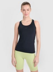 4F Top treningowy slim szybkoschnący damski - czarny XS. Czarne topy damskie 4f, uniwersalny, bez wzorów, z elastanu, bez ramiączek. Za 69.99 zł.