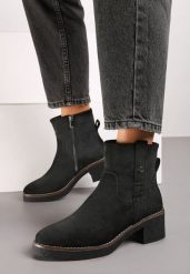 Czarne Botki na Słupku Ozdobione z Boku Paskiem Riemora. Czarne botki damskie Renee, na zimę, z wełny, eleganckie, bez obcasa, na obcasie, bez zapięcia. Za 139.99 zł.