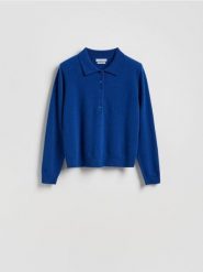 Wełniany sweter polo - niebieski. Niebieskie swetry klasyczne damskie Reserved, l, z dzianiny, bez kołnierzyka. Za 199.99 zł.