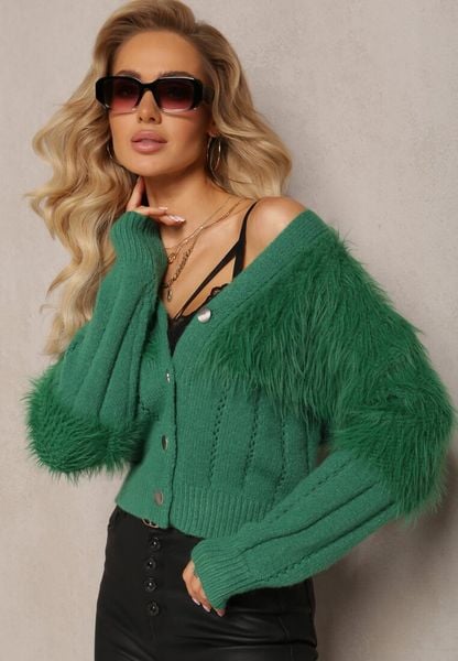 Ciemnozielony Kardigan z Włochatą Dzianiną Przy Dekolcie i Rękawach Saccina. Zielone kardigany damskie Renee, bez wzorów, z dzianiny. Za 89.99 zł.