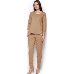 Beżowa Komfortowa Bluza z Rękawem 3/4 ze Złotymi Suwakami. Brązowe bluzy bez kaptura damskie Figl, l, z bawełny. Za 189.00 zł.