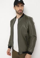 Ciemnozielona Kurtka Bomberka z Imitacji Skóry i Zasuwanymi Kieszeniami Rihella. Zielone kurtki męskie Born2be, l, bez wzorów, z jeansu, eleganckie, bez kaptura. Za 139.99 zł.