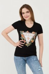 GUESS Czarny t-shirt Triangle Flowers. Czarne t-shirty damskie Guess, xs, z aplikacjami, bez kołnierzyka. W wyprzedaży za 109.99 zł.
