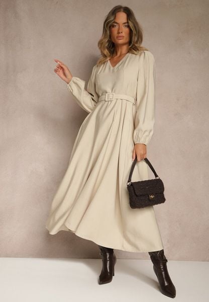 Beżowa Rozkloszowana Sukienka z Wiskozy z Paskiem ze Sprzączką Orille. Brązowe sukienki damskie Renee, l, bez wzorów, z materiału, bez kołnierzyka, bez ramiączek, maxi, rozkloszowane. Za 159.99 zł.