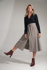 Rozkloszowana Spódnica do Połowy Łydki z Rozcięciem- Kratka. Brązowe spódniczki damskie Figl, xl, bez wzorów, z materiału, rozkloszowane. Za 269.00 zł.