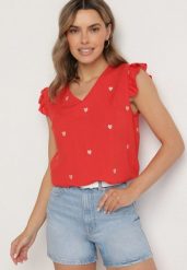 Czerwona Bluzka Top z Wiskozy bez Rękawów z Falbankami w Haftowane Serduszka Taella. Czerwone topy damskie Born2be, m, bez wzorów, z wiskozy, bez kołnierzyka. Za 49.99 zł.