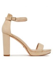 DeeZee Sandały SE008-BEIGE Beżowy. Brązowe sandały damskie DeeZee, bez wzorów, z materiału, bez obcasa, na słupku. Za 139.99 zł.