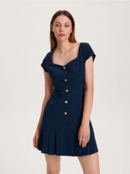 Sukienka mini - granatowy. Niebieskie sukienki damskie Reserved, l, bez wzorów, z bawełny, bez kołnierzyka, bez ramiączek, mini, dopasowane. W wyprzedaży za 59.99 zł.