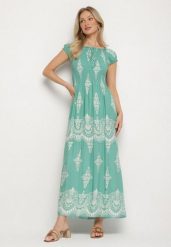 Jasnozielona Wiskozowa Sukienka z Marszczoną Góra i Wzorem Boho Ellifae. Zielone sukienki damskie Born2be, na spotkanie biznesowe, l, z aplikacjami, z wiskozy, boho, bez kołnierzyka, bez ramiączek, maxi. Za 69.99 zł.