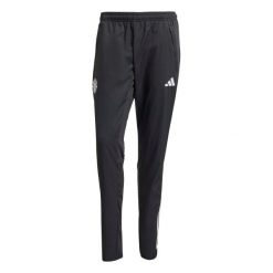 Spodnie dresowe Prematch Manchester United 2025/26. Czarne spodnie dresowe męskie Adidas, bez wzorów, z dresówki. W wyprzedaży za 246.00 zł.