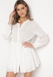 Biała Koszulowa Sukienka w Stylu Boho z Rozkloszowanym Dołem Liorda. Białe sukienki damskie Born2be, na lato, l, bez wzorów, boho, bez kołnierzyka, bez ramiączek, mini, koszulowe. W wyprzedaży za 103.99 zł.