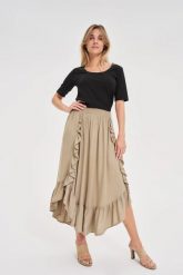 Spódnica z falbaną oliwkowa. Zielone spódniczki damskie MOODO, l, bez wzorów, z wiskozy. Za 129.99 zł.