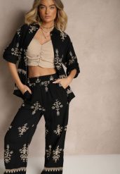 Czarny Wiskozowy Komplet Boho Koszula i Spodnie z Haftowanym Zdobieniem Helhiris. Czarne koszule damskie Renee, z aplikacjami, z wiskozy, boho. Za 129.99 zł.
