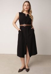 Czarna Taliowana Sukienka z Bawełną i Wiskozą Ozdobiona Paskiem Luven. Czarne sukienki damskie Born2be, na co dzień, l, bez wzorów, z bawełny, eleganckie, bez kołnierzyka, bez ramiączek, midi, proste. Za 139.99 zł.