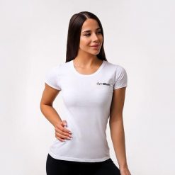 Koszulka GymBeam Basic. Białe bluzki sportowe damskie GYMBEAM, m, z bawełny, bez kołnierzyka, bez ramiączek. Za 52.99 zł.