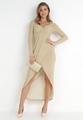 Beżowa Sukienka Kopertowa Dopasowana Hemy. Brązowe sukienki damskie Born2be, na co dzień, l, bez wzorów, klasyczne, bez kołnierzyka, bez ramiączek, dopasowane. Za 39.99 zł.