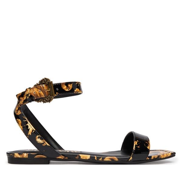 Sandały Versace Jeans Couture. Czarne sandały damskie Versace Jeans Couture, bez wzorów, z jeansu, bez obcasa, na płaskiej podeszwie. Za 439.99 zł.