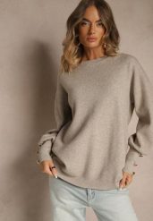 Beżowy Sweter z Wiskozą i Metalicznymi Guzikami Sidvire. Brązowe swetry klasyczne damskie Renee, z jeansu, bez kołnierzyka. Za 109.99 zł.