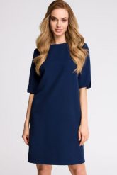 Elegancka sukienka trapezowa midi z dekoltem V z tyłu gładka granatowa. Sukienki damskie Sukienki.shop, do pracy, xl, bez wzorów, biznesowe, bez kołnierzyka, bez ramiączek, midi, trapezowe. Za 179.00 zł.