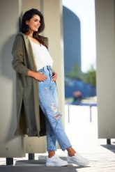 Niezapinana Długa Bluza z Kapturem - Khaki. Brązowe bluzy z kapturem damskie Awama, l, z bawełny. Za 228.90 zł.