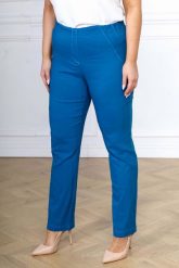 Spodnie Nilda z prostą nogawką INDYGO wysoki stan PLUS SIZE XXL. Niebieskie spodnie materiałowe damskie Nasi partnerzy, bez wzorów, z elastanu, biznesowe, z podwyższonym stanem, plus size. Za 159.90 zł.
