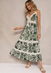Zielona Sukienka z Bawełny o Rozkloszowanym Kroju w Etniczny Print Taliraya. Zielone sukienki damskie Renee, na co dzień, na lato, l, bez wzorów, z bawełny, bez kołnierzyka, bez ramiączek, midi, rozkloszowane. W wyprzedaży za 52.49 zł.