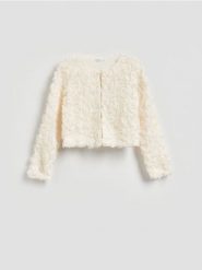 Marynarka z kwiatowym motywem - biały. Białe marynarki i żakiety damskie Reserved, l, bez wzorów, z dzianiny. Za 139.99 zł.