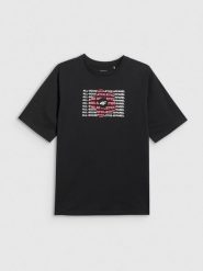 4F T-shirt loose z nadrukiem dziewczęcy - czarny 122 (6-7 lat). Czarne koszulki dziewczęce 4f, bez wzorów, z bawełny, bez ramiączek. Za 49.99 zł.