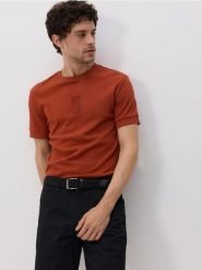 Bawełniany t-shirt regular - miedziany. Brązowe t-shirty męskie Reserved, l, bez wzorów, z bawełny, bez kołnierzyka. W wyprzedaży za 39.99 zł.