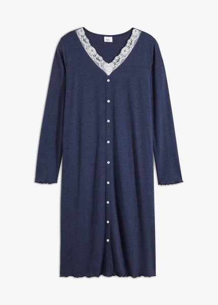 Długa koszula nocna z plisą guzikową. Niebieskie koszule nocne damskie bonprix, bez wzorów, z koronki. Za 64.99 zł.