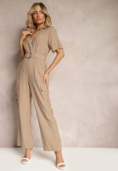 Beżowy Długi Kombinezon w Stylu Utility z Kieszeniami Cargo Paskiem i Kołnierzykiem Qillilena. Brązowe kombinezony damskie Renee, l, bez wzorów, eleganckie, bez kołnierzyka, bez ramiączek, długie. Za 149.99 zł.