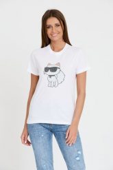 KARL LAGERFELD Biały t-shirt Ikonik 2.0. Białe t-shirty damskie Karl Lagerfeld, xs, bez wzorów, bez kołnierzyka. W wyprzedaży za 299.99 zł.