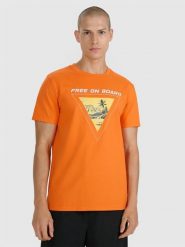4F T-shirt regular z nadrukiem męski - pomarańczowy M. Brązowe t-shirty męskie 4f, m, bez wzorów, z bawełny, bez kołnierzyka. W wyprzedaży za 59.99 zł.