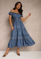 Niebieska Sukienka Hiszpanka o Rozkloszowanym Kroju z Ozdobnymi Guzikami Zoltebia. Niebieskie sukienki damskie Renee, na co dzień, l, bez wzorów, eleganckie, bez kołnierzyka, bez ramiączek, midi, kopertowe. W wyprzedaży za 62.99 zł.