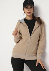 Ciemnobeżowa Rozpinana Bluza z Bawełną Kapturem i Tłoczonym Wzorem Arsenia. Brązowe bluzy z kapturem damskie Born2be, s, z bawełny. Za 89.99 zł.