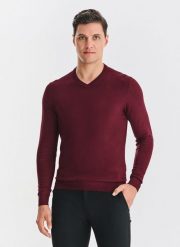 PAKO LORENTE - Bordowy sweter męski v-neck. Czerwone swetry męskie Pako Lorente, na jesień, m, bez wzorów, z nylonu, bez kołnierzyka. Za 99.99 zł.