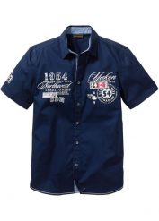 Koszula z krótkim rękawem, Slim Fit. Niebieskie koszule męskie bonprix, l, z aplikacjami, bez kołnierzyka, bez ramiączek. Za 117.99 zł.