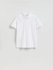 Bawełniana koszulka polo slim - biały. Białe koszulki polo męskie Reserved, l, bez wzorów, z bawełny, bez ramiączek. Za 119.99 zł.