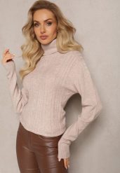 Beżowy Golf z Dzianiny o Luźnym Kroju z Drobnym Splotem Jogerta. Brązowe golfy damskie Renee, l, bez wzorów, z bawełny, bez ramiączek. Za 79.99 zł.