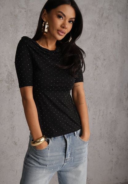 Czarna Bluzka z Dekoltem Typu Łódka Ozdobiona Cyrkoniami Neaninna. Czarne bluzki damskie Renee, m, bez wzorów, z jeansu, eleganckie, bez kołnierzyka, bez ramiączek. Za 59.99 zł.