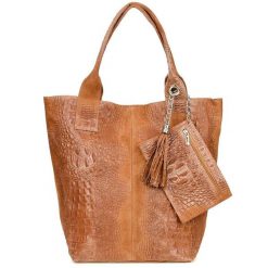 Shopper bag skórzany camelowy croco L94. Brązowe shopper bag damskie z aplikacjami, z materiału, małe, zamszowe, bez dodatków. Za 230.99 zł.