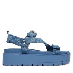 Sandały Guess. Niebieskie sandały damskie Guess, z aplikacjami, bez obcasa, na płaskiej podeszwie. Za 559.99 zł.