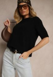 Czarny Sweter o Fasonie T-shirtu z Wełną Dannirae. Czarne swetry klasyczne damskie Renee, z jeansu, bez kołnierzyka. Za 129.99 zł.