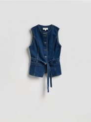 Jeansowa kamizelka z wiązaniem - granatowy. Niebieskie kamizelki damskie Reserved, l, z bawełny, krótkie. Za 179.99 zł.