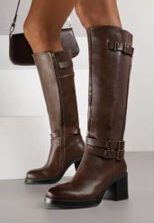 Brązowe Kozaki na Słupku Zdobione Paskami z Klamrami i Elastyczną Wstawką Unelisa. Brązowe kozaki damskie Born2be, z jeansu, bez obcasa, na obcasie. Za 209.99 zł.