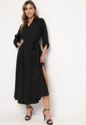 Czarna Rozpinana Sukienka Koszulowa z Regulowanymi Rękawami Grimoire. Czarne sukienki damskie Born2be, na co dzień, l, bez wzorów, eleganckie, bez kołnierzyka, bez ramiączek, maxi, koszulowe. W wyprzedaży za 119.99 zł.