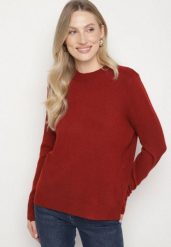 Bordowy Klasyczny Sweter z Wełną Mailira. Czerwone swetry klasyczne damskie Born2be, uniwersalny, z jeansu, bez kołnierzyka. Za 59.99 zł.