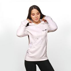 Bluza damska fitness z kapturem biała PRO Hoodie. Białe bluzy sportowe damskie GYMBEAM, xs, bez wzorów, z bawełny, bez ramiączek, długie, z kapturem. Za 88.90 zł.